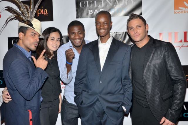 Andretti-Michelle-Eric-Ib-Chris L-R: Andretti Andretti, Michelle Munoz, USA Olympic boxer Eric Kelly, Ib & Celebrity Chef Chris Nirschel on the red carpet at the Toast & Taste to raise funds for the NYC Food Bank.