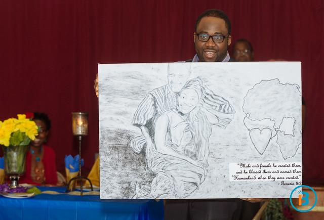 A sketch of Ib and wife presented by Ib's Best Man during traditional wedding.