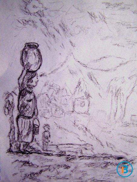 An imaginative sketch of a woman carrying a pot of water on her head and joking with her little child as they walk home.